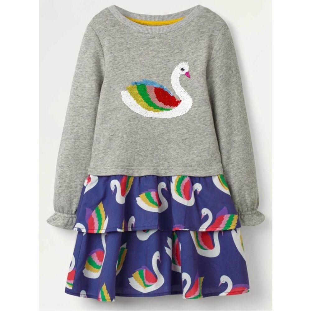 Mini Boden Sequin Swan Sweatshirt Dress Sz 7-8